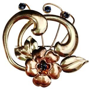 VTG Signed Harry Iskin Mid Century Gold Filled Floral Brooch Blue Rhinestone 40s